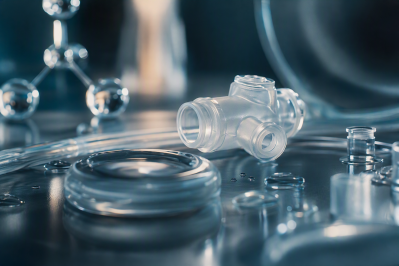 Close-up of transparent medical device components and tubing on a sterile laboratory surface, with blurred molecular structures in the background, representing biocompatibility testing and material evaluation in a controlled environment.